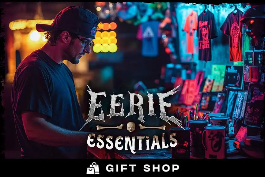 Eerie Essentials gift shop at Folklore Haunted House Atlanta packed with spooky merch and neon lights