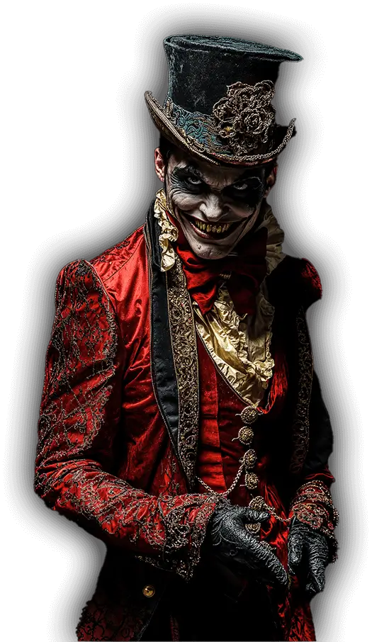 Sinister Ringmaster Character – Folklore Evil ringmaster in ornate red coat grinning at Folklore Haunted House near Atlanta