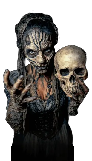 Forest Witch Character – Folklore Sinister forest witch holding skull welcoming guests at GA haunted house Folklore