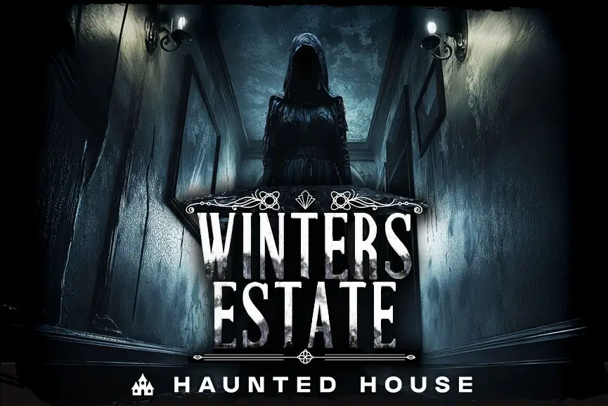 Winters Estate haunted house poster with ghostly woman and gothic mansion at Folklore near Atlanta