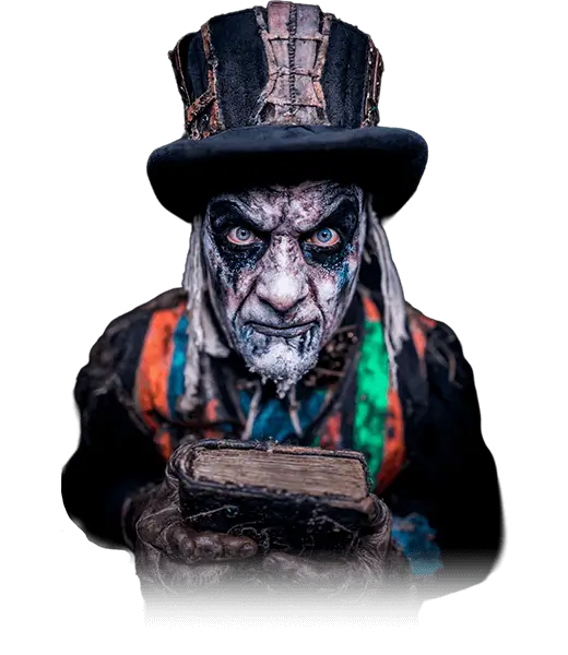 Gatekeeper Ghoul – Folklore Photo Top-hat ghoul clutching dusty book at GA haunted house Folklore